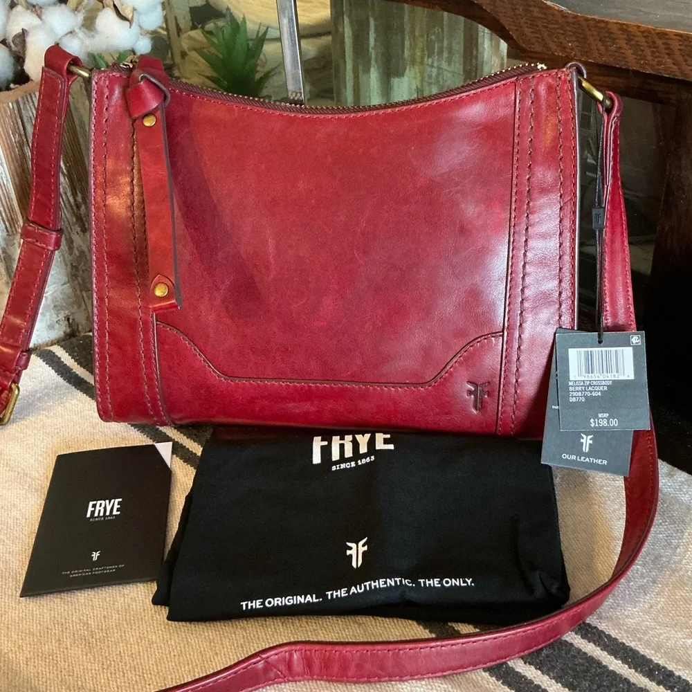 NWT Frye Leather Melissa Zip Top Saddle Crossbody Berry Lacquer Red MSRP $198